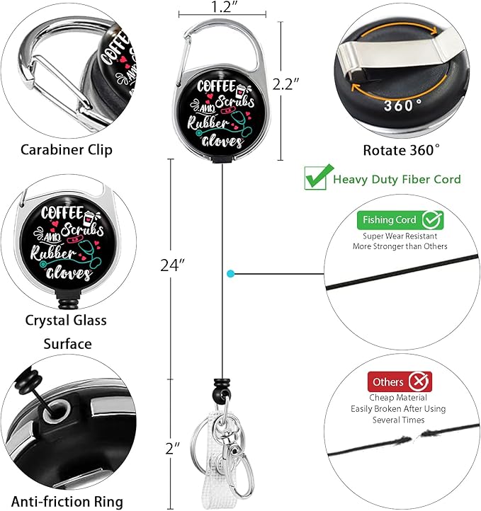Funny Nurse ID Badge Holder with Lanyard, Coffee Scrubs and Rubber Gloves Badge Reel Retractable with 360 Degrees Rotate Carabiner Clip Heavy Duty, Cute ID Holder ID Clip Name Badge Clip Keychain