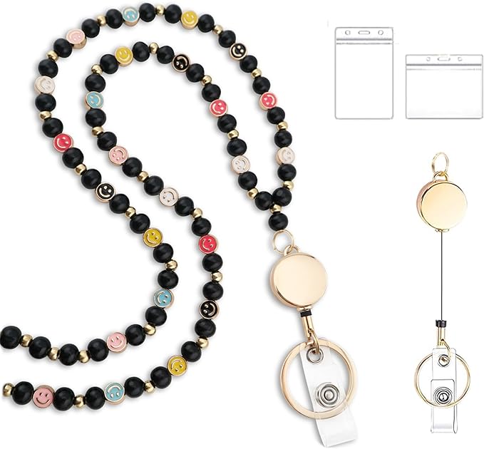Smile Teacher Lanyard for Women with Retractable ID Badge Reel and Keychain Cute Happy Beads Lanyard
