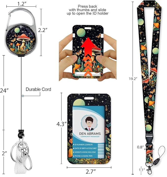 Lanyards for Id Badges, Cute Badge Holder with Retractable Reel Clip, Mushroom Work Name Tag Breakaway Lanyard Vertical ID Card Protector Case for Women Nurse Nursing Doctor Teacher Student