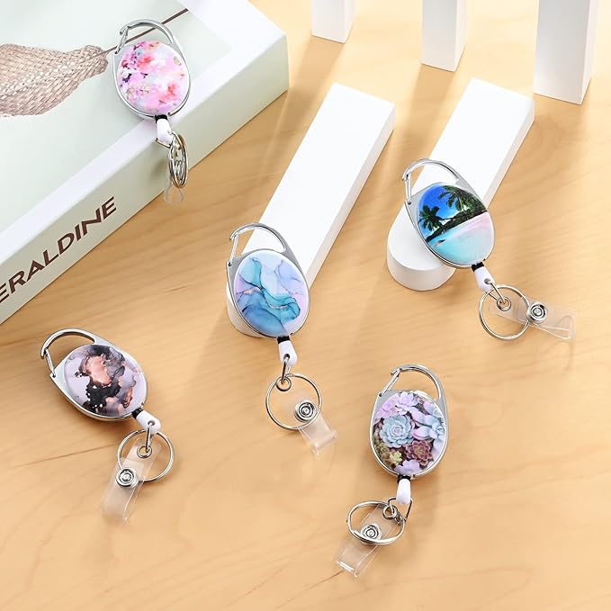 Badge Reels Retractable，Double Sided Color Print Pattern Retractable Badge Holders，with Retractable Keychain, Badge Clip and Key Ring，Durable Nylon Retractable Rope，White Flower