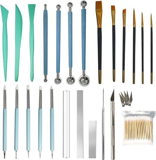 24Pcs Polymer Clay Tools Supplies Kit Roller Pin Sculpting Clay Cutters for Earring Jewelry Acrylic Roller Modeling Precision Knife Set Needle Detail