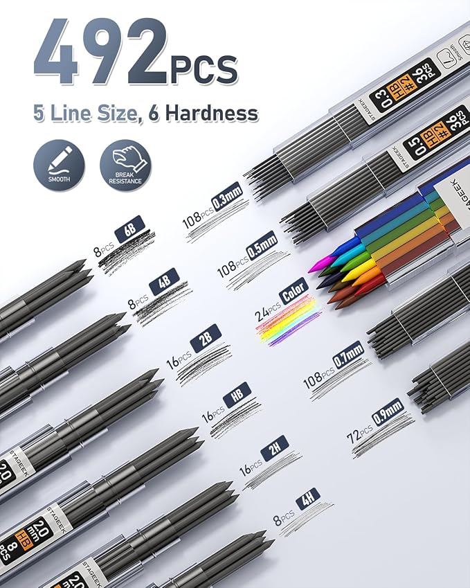 37PCS Art Mechanical Pencil Set, Drafting Pencil 5 Sizes- 0.3, 0.5, 0.7, 0.9MM & 2PCS 2.0MM Mechanical Drawing Pencils with 492PCS Leads (6B 4B 2B HB 2H 4H Color) for Artist Sketching Drawing