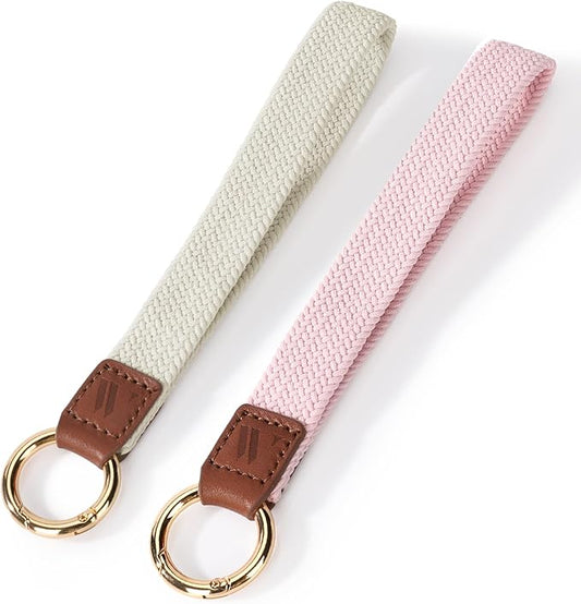 2 Pack Keychain Wristlet Strap Stretchy Lanyard for Keys Cute Wrist Key Chain for Women Men Wallet ID Badges Car Keys (Starlight + Sand Pink)