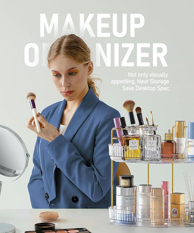 2-Tier Corner Bathroom Counter Organizer Makeup Cosmetic Storage, Tool-Free Installation Acrylic Vanity Shelf, Skin Care Organizer Perfume Tray for Countertop Bathroom, Dresser, Kitchen (Clear)