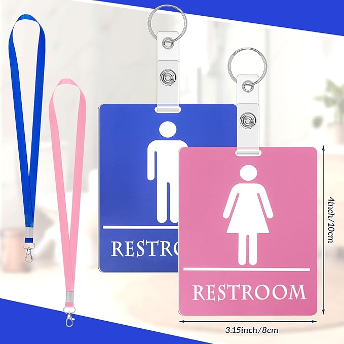 6 Set Bathroom Pass Restroom Pass with Key Holder Keychain with Lanyard PVC Blue and Pink Restroom Passes for Classrooms Women Men