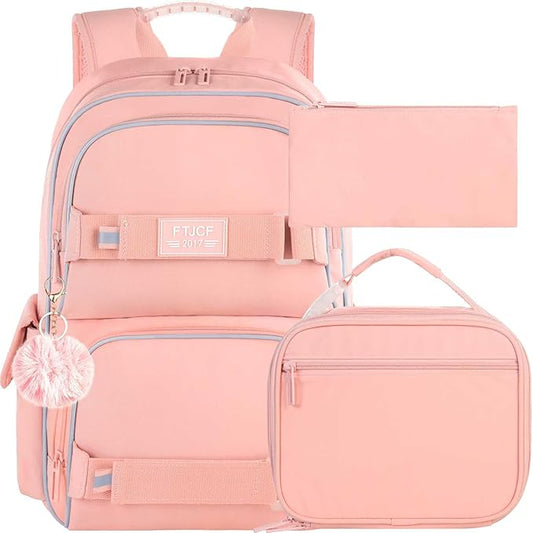 3PCS Laptop Backpack for Girls, 17" Water Resistant School Bag with Lunch Box, Cute Pink Bookbag Set for Women College Teenagers High Middle Elementary School