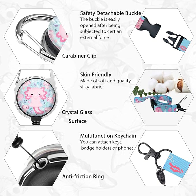 Cute Axolotls Lanyards for Id Badges, Retractable ID Badge Holder with Detachable Lanyard, Fashionable Badge Reel Heavy Duty with 360 Degrees Rotate Carabiner Clip, Nurse Teacher Office Gifts