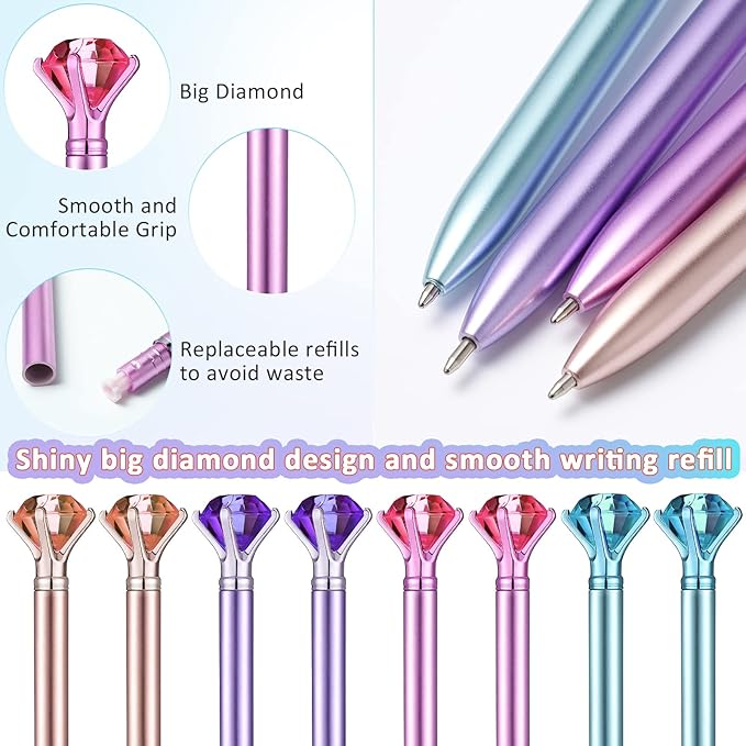 24 Pieces Big Crystal Diamond Pens Bling Ballpoint Pen Black Ink Rhinestones Pen for School Office Supplies Christmas Wedding Birthday Present, 4 Colors(Simple Style)