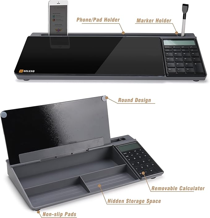 SELEAD Desktop Glass Whiteboard with Calculator, Organizer, Markers, Eraser, Holder - Black Dry Erase White Board Computer Pad Keyboard Stand for Home, School, Office Desk Cubicle Accessories