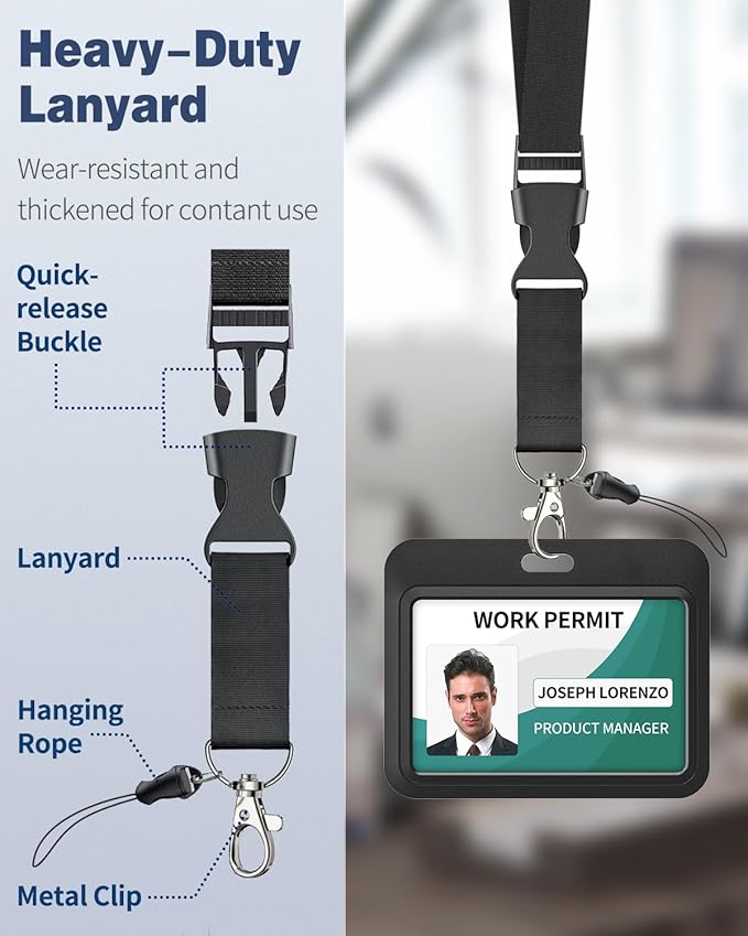Uniclife 3 Pack Sliding Badge Holder Hard Black Horizontal Plastic Card Case Protector with Lanyard Strap Metal Buckle and Clip for Office School ID Credit Key Card Driver’s License and Pass