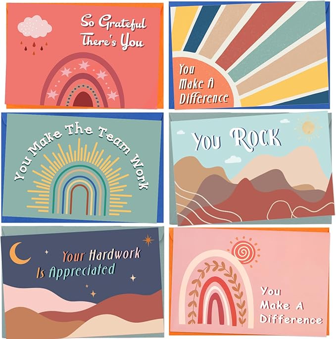 24 Pack Employee Appreciation Cards with Envelopes and Stickers, 6x4in Thank You Cards for Coworkers Recognition, Promotion, Work Anniversary Blank Inside, 6 Boho Designs