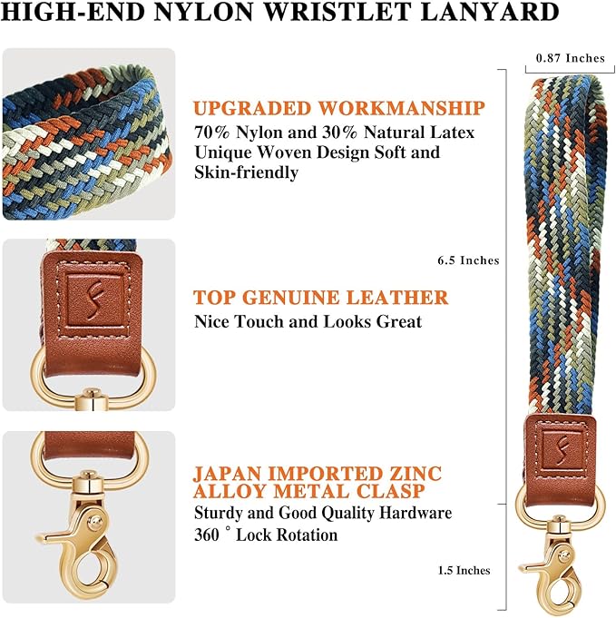 Fishent Stretchy Wristlet Keychain,Braided Cute Wrist Lanyards for Keys, Key Chain Holder for Women Men, Wrist Strap Keychain for Car Keys Phone Camera Wallet ID Badges Card (Denim Multin Color)