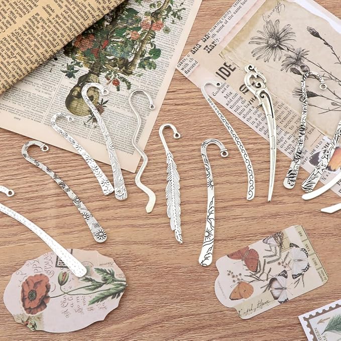 13pcs/Set Metal Bookmark for Women Men, Hairpin Hook Antique Tibetan Silver Carved Hook Bookmarks with Loop, Unique Charm Book Marker for Book Lovers Unique Gift