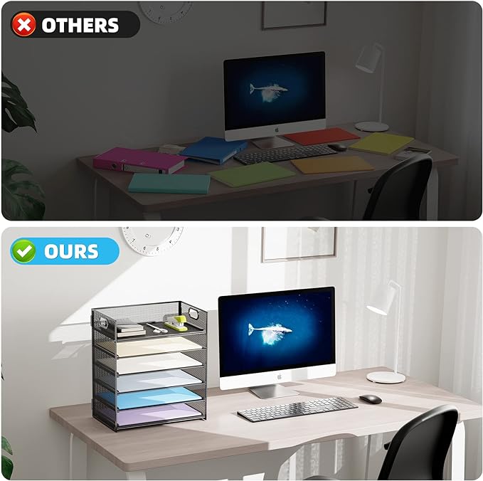 Marbrasse 6 Tier Paper Organizer Letter Tray - Mesh Desk File Organizer with Handle, Paper Sorter Organizer for Letter/A4 Office File Folder Holder - Black