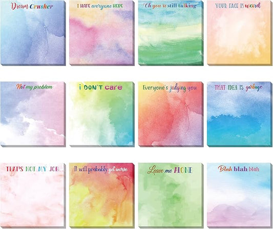 12 Pieces Snarky Office Sticky Notes Funny Note Pads Work Sucks Complaining Quotes Vibrant Negative Passive Office Notepads Adhesive Memo Pad for Colleague Supplies, 3 x 3 Inch(Lovely Style)