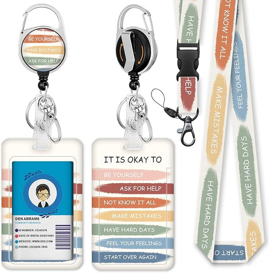 Giancomics Inspirational Quote Lanyards for Id Badges, Cute ID Badge Holder with Lanyard Badge Reel Retractable, Teacher Lanyard with ID Holder Keychain Clip Name Tag ID Card Holder for Women Gift