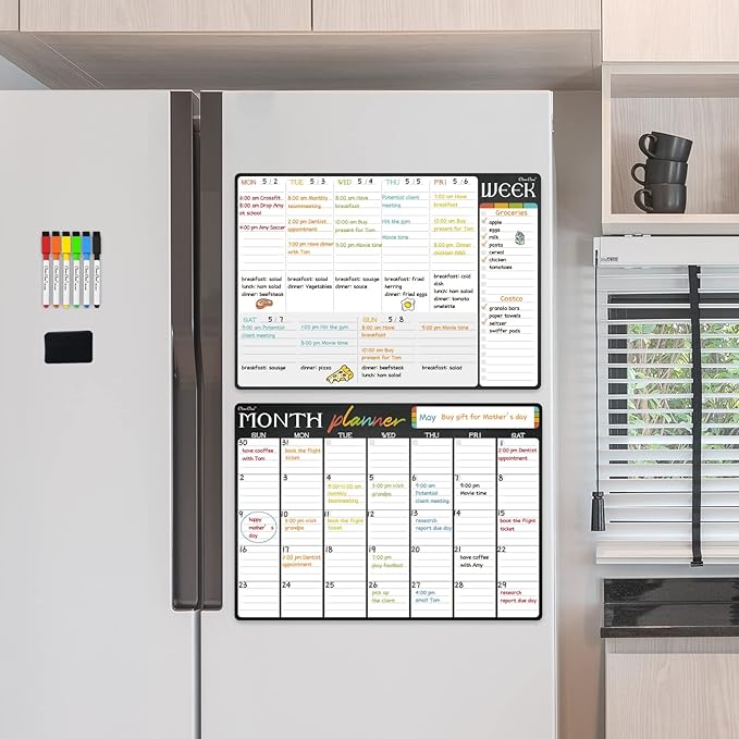 Magnetic Dry Erase Monthly and Weekly Calendar - 17"x12" Monthly and Weekly Whiteboard for Fridge - 6 Extra Fine Point Markers Included - Shipped Flat