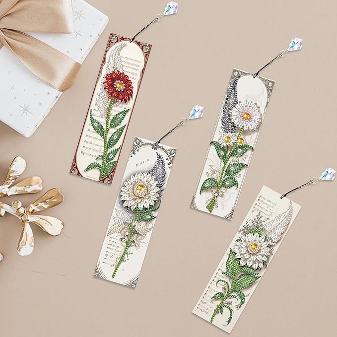 4-Piece 5D Diamond Painting Floral Bookmarks Set, DIY Craft Kit with Colorful Rhinestones, Flower Design Diamond Art Craft Bookmarks with Tassels, Ideal for Adults, Great Gift for Book Lovers