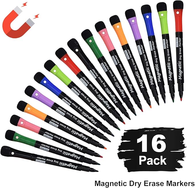 Magnetic Dry Erase Markers, Fine Tip Low Odor Whiteboard Markers for Kids & School, Work On White board & Calendar, Refrigerator (16 Pack)