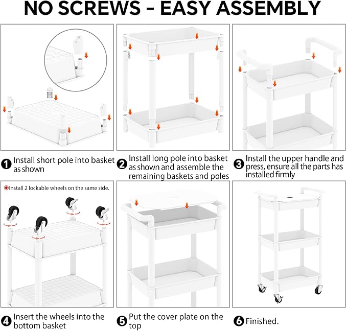 3-Tier Utility Rolling Cart with Cover Top Board, Mobile Utility Cart with Lockable Casters Multi-Functional Storage Trolley for Office, Bathroom, Kitchen, Garden, Laundry Room (White)