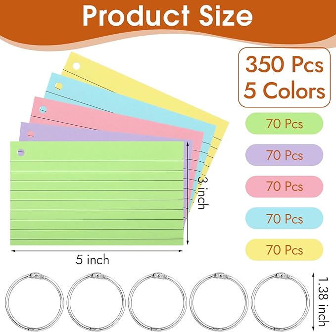350 Pcs Index Cards With Ring, 3x5 Inches Flash Cards With Rings，Colored Heavy Notecards With Ring, Punched Lined Study Cards For School, College, Home, Office, Memory, To Do List (5 Colors)