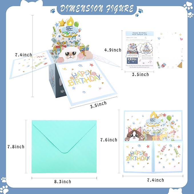 3D Pop Up Persian Cat Birthday Card, Fun Birthday Card for Women, Press the Power Button to Play 'Happy Birthday' Song