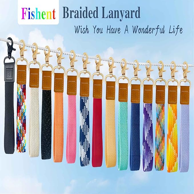 Fishent Stretchy Wristlet Keychain,Braided Cute Wrist Lanyards for Keys, Key Chain Holder for Women Men, Wrist Strap Keychain for Car Keys Phone Camera Wallet ID Badges Card (Blue-White)
