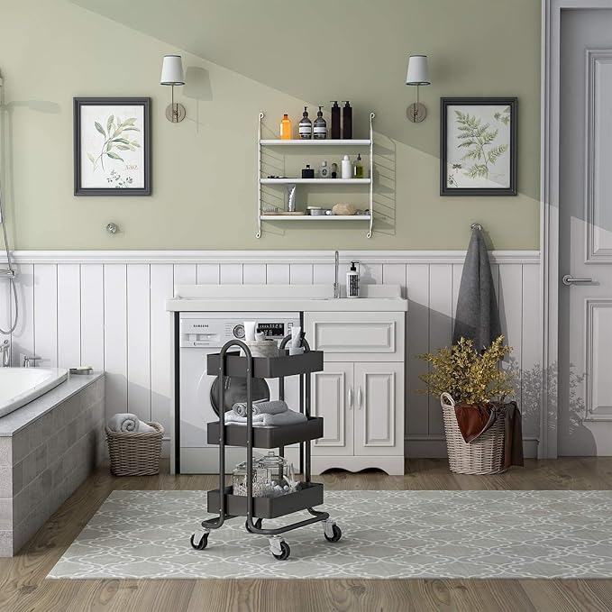 3-Tier Rolling Metal Storage Organizer,Mobile Utility Cart,Kitchen Storage Carts with Caster Wheels,Rolling Utility Cart Suitable for Office,Home,Kitchen,Garden（13.4"x18.1"x31"） Dark Grey