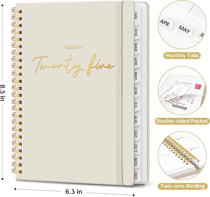 2025 Planner - Weekly and Monthly Planner, January 2025 to December 2025, Spiral Bound 2025 Calendar Planner Book, Inner Pocket, Perfect for Office Home School Supplies - A5 (6.3" x 8.5"), Beige Gray
