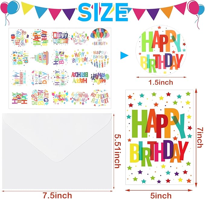 200 Set Unique Happy Birthday Card Bulk with Envelope and Sticker Blank Greeting Card Large 5 x 7 Inch Suitable for Office Kids Women Men, 20 Styles(Colorful Words)
