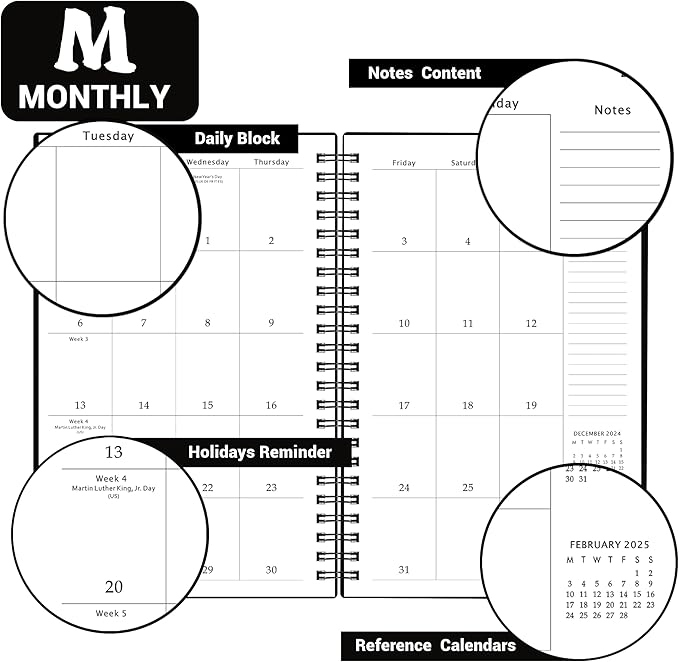 2025 Planner - 2025 Planner Weekly and Monthly, Jan 2025 - Dec 2025, 5" x 8", Twin-Wire Binding, Holidays, Back Pocket, Thick Paper, Classic Black