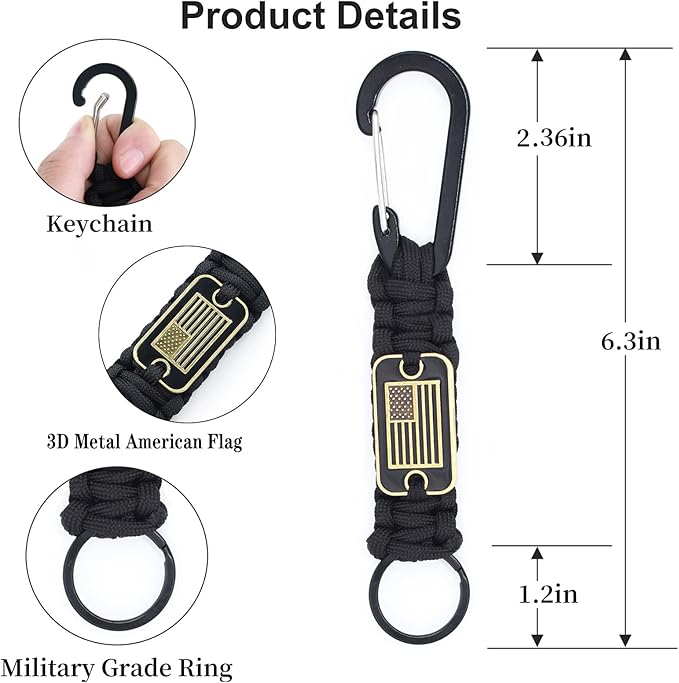 Paracord Keychain with USA Flag, Paracord Carabiner Keychain Clip, Braided Lanyard Utility Ring Hook Outdoor Camping Kit