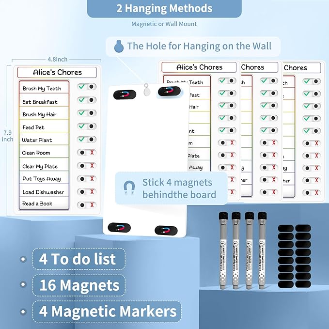 4 Pcs Chore Chart for Kids: Dry Erase My Chores Slider Chart, Magnetic Visual Schedule for Fridge, Kids Daily Checklist - ADHD Tools: to Do List and Routine Chart for Multiple Kids (Rainbow 4-pack)