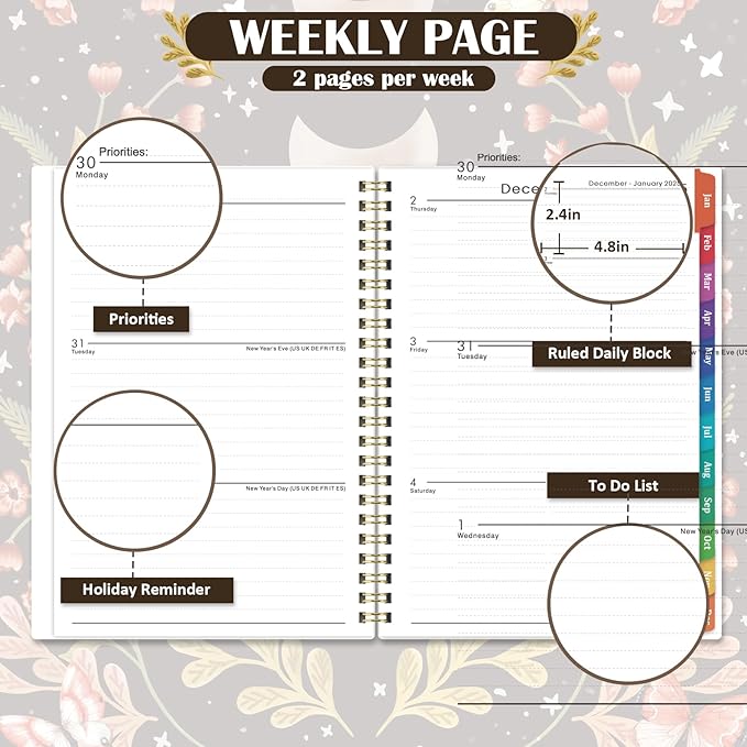 2025 Planner - 2025 Planner, 2025 Planner Weekly and Monthly, JAN. 2025 - DEC. 2025, 6.3" x 8.4", 2025 Planner with Tabs, Twin-Wire Binding, Inner pocket, Planner organizer - Moon