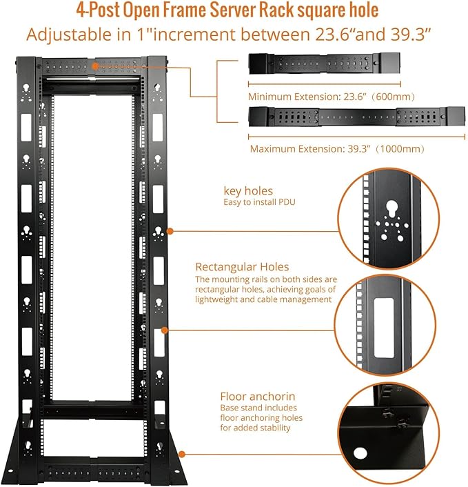 38U Open Frame Server Rack,4-Post Adjustable Depth 23.6 inch-39.3 inch Frame Rack,Professional It Rack for 19 inch Computer/AV/Data/IT Equipment,Square Hole