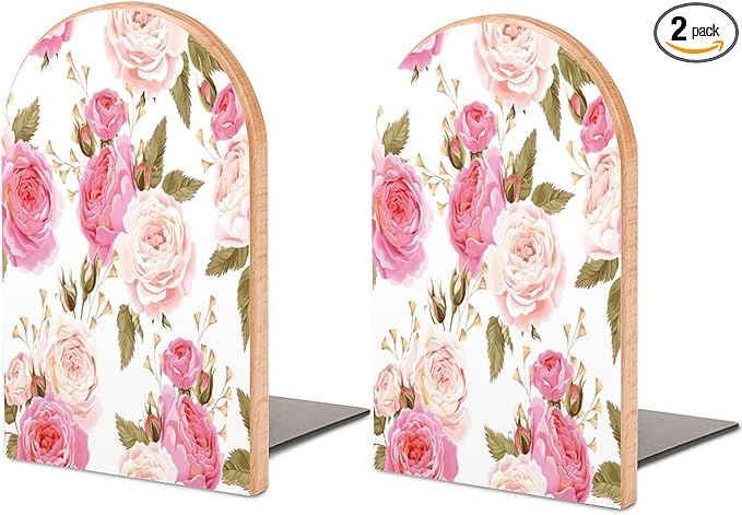 2 Pack Wood Bookends, Pink Floral Flower Rose Non-Skid Book Ends for Heave Books, Decorative Bookends for Shelves Desk, Book Stoppers Book Holders for Home Office Library School