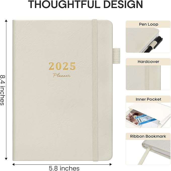 2025 Planner - Weekly and Monthly Planner, January 2025 to December 2025, Hardcover 2025 Calendar Planner Book, Inner Pocket, Perfect for Office Home School Supplies - A5 (5.8" x 8.4"), Grey Beige