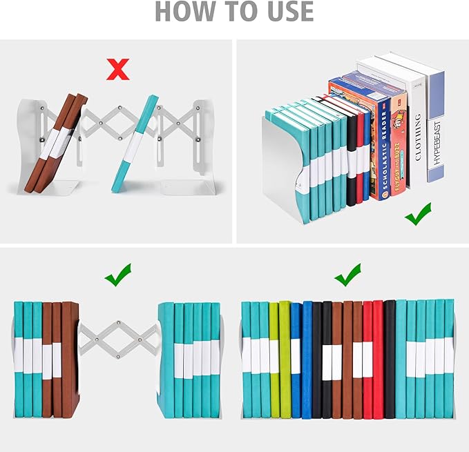 2PCS Adjustable Bookends, Metal Book Ends for Heavy Book, 2 Dividers, Nonslip Book Stander for Desk, Shelf, Office, Stationery Gift, Extends up to 19 inches (White)