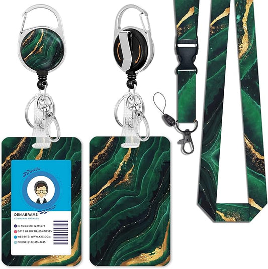 ID Badge Holder with Breakaway Lanyard, Retractable Badge Reel Heavy Duty, Cute Funny Green Marble Lanyards for ID Badges Ajustable, Teacher Nurse Work Office Gifts