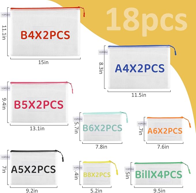 18PCS Mesh Zipper Pouch, Zipper Bags for Office Supplies,12 Colors for Reusable Zipper Pouches, 8 Sizes for Office Supply and Home Organize