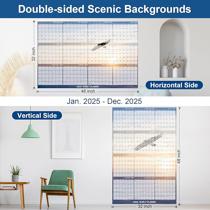 32" x 48" 2025 Wall Calendar Dry Erase - Large Scenery Background Calendar Wet & Dry Erasable Laminated Reversible, Horizontal/Vertical (2025 Flying-eagle Wall Calendar)