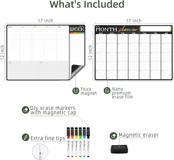 Magnetic Dry Erase Monthly and Weekly Calendar - 17"x12" Monthly and Weekly Whiteboard for Fridge - 6 Extra Fine Point Markers Included - Shipped Flat