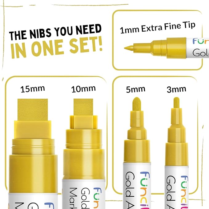 5 Acrylic Gold Paint Pen Metallic - Gold Marker Metallic Paint for Wood, Fabric, Canvas, Leaf, Tire, Metal, Glass - Permanent Pen Fine Tip, Thin Point & Jumbo (1mm, 3mm, 6mm, 10mm, 15mm)
