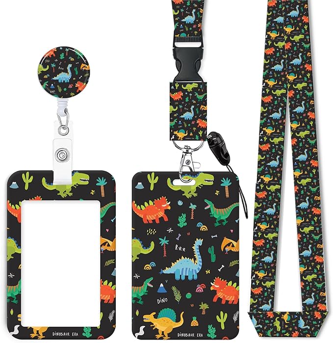ID Badge Holder with Retractable Lanyard and Keychain, Badge Reel with Rotate Carabiner Clip,Cute Dinosaur Card Name Tag Lanyard ID Protector Bage Clips for Student, Women, Office