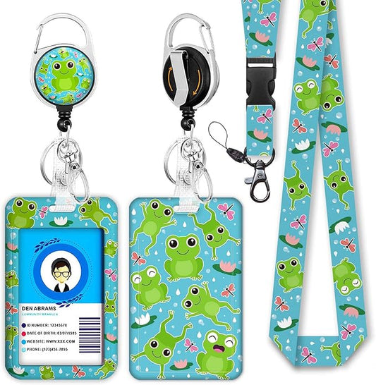 Frog Lanyards for Id Badges, Cute Badge Reel Heavy Duty with Carabiner Clip, Fashionable ID Badge Holder with Breakaway Lanyard, Teacher Nurse Office Christmas Gifts