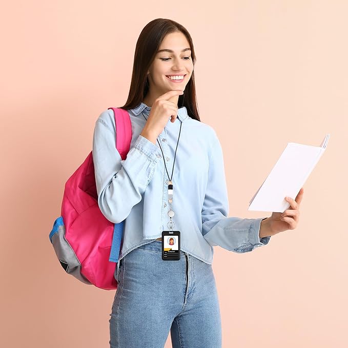 Colorful ID Badge Holder with Silicone Beads Lanyard Set,Cute Teacher Breakaway Lanyard for Keys & Keychain with Cute Retractable Badge Reel Holder,Gift for Women,Nurse, Teacher. (Black White Grey)