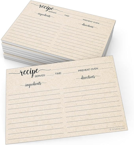 321Done Recipe Cards, Made in USA - 4x6 Tan, Simple Script, Double-Sided Thick Cardstock, Cute Vintage Rustic Kraft Look for Bridal Shower Wedding Housewarming Gift - Pack of 50