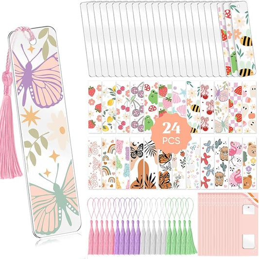 48PCS Bookmark Making Kit, 24 Acrylic Bookmark Blanks with 24Pcs Tassels, 24 UV Stickers about Fruit Theme, DIY Blank Bookmarks Waterproof UV DTF Transfers Stickers for Clear Bookmarks DIY Projects