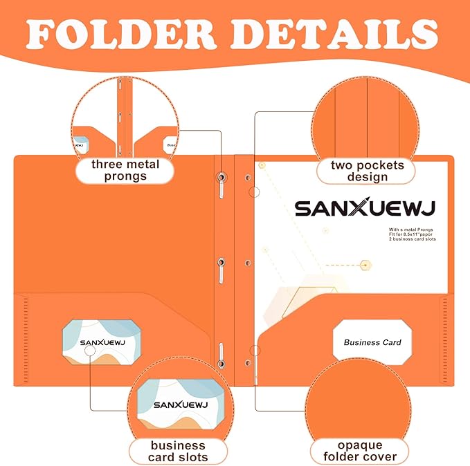 30 Pack Two Pocket Folders Business Card Holder Plastic Folders with Prongs for School Office Filing Cabinet Resume Portfolio (Orange)