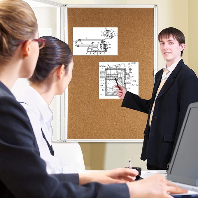 Pinboard Enclosed Bulletin Board 36 x 24 Inch Lockable Cork Noticeboard for School Office, Wall Display Case with Lock (Cork Board)